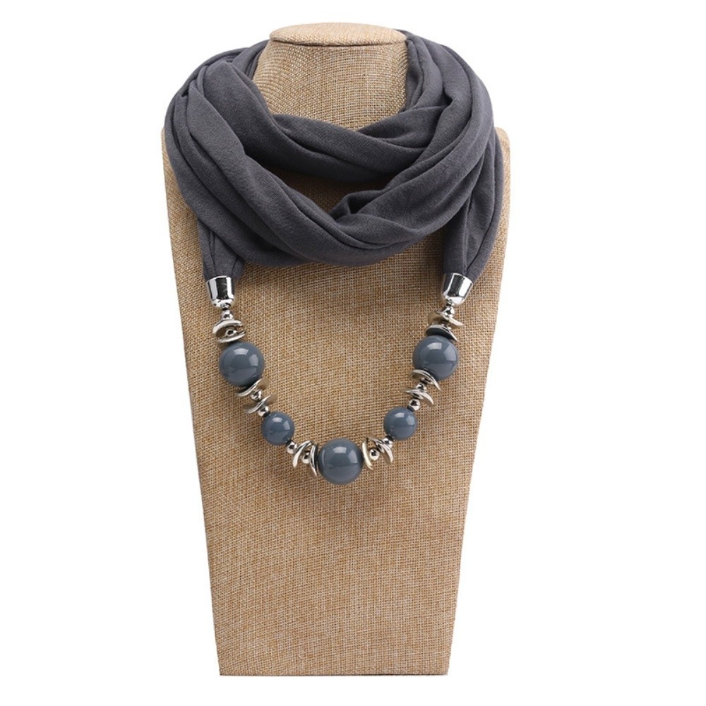 Infinity Scarf Knit - Модный шифоновый шарф-ожерелье, однотонный, с бусинами,